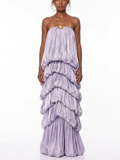 Strapless Lilac Maxi Dress with Draped Tiers - S - Dresses
