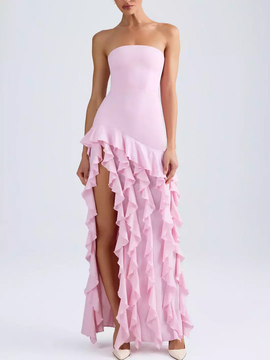Strapless Long Pink Gown with Ruffled Skirt - XS - Dresses