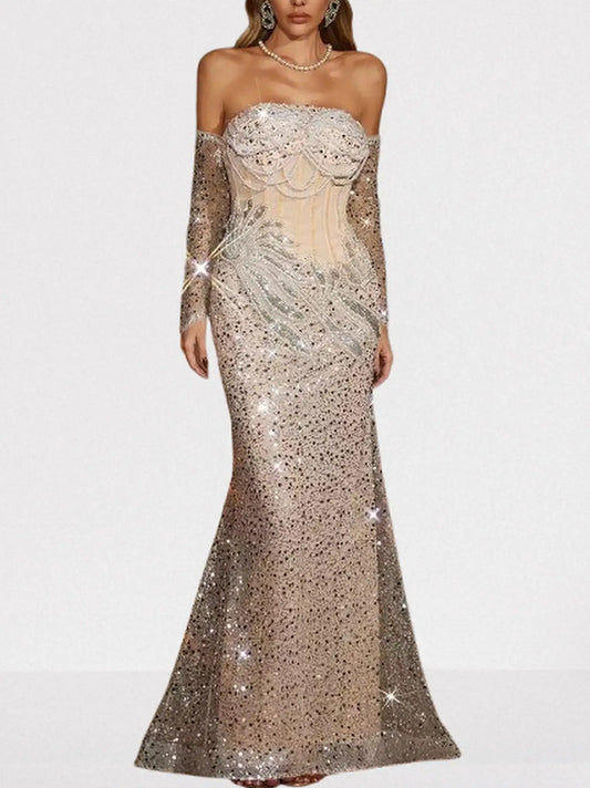 Strapless Nude Sequin & Pearl Embellished Gown - Small - Dresses
