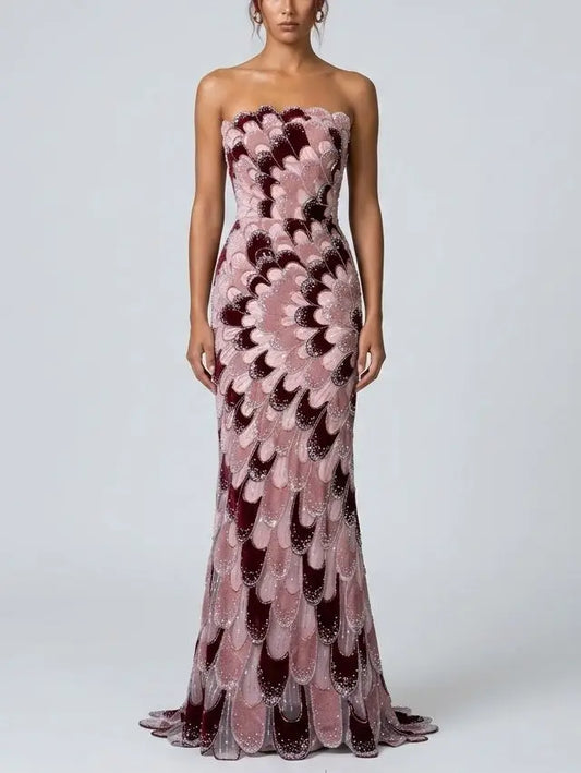 Strapless Petal-Embellished Beaded Evening Gown - XS - Dresses