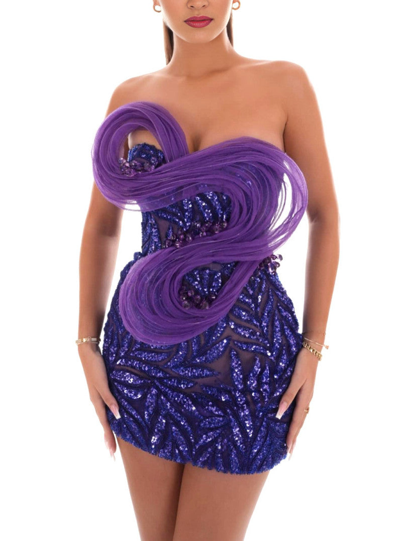 Women’s Strapless Purple Sequin Tulle and Mesh Mini Dress Branna Couture