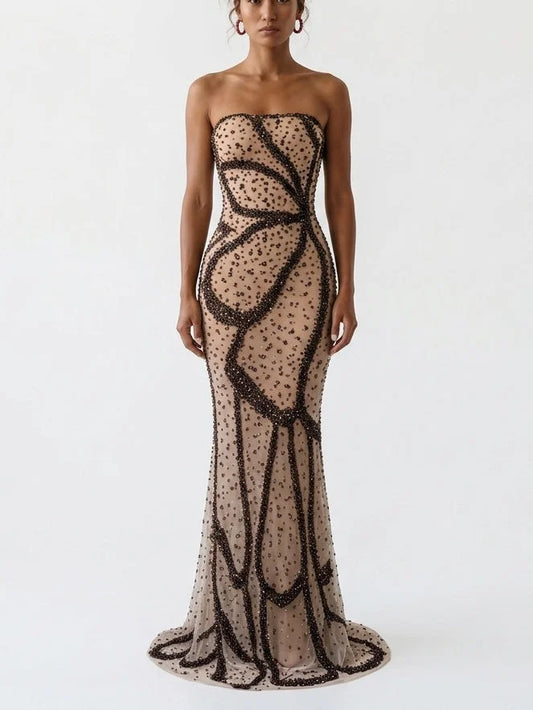 Strapless Rhinestone and Beaded Maxi Dress - S - Dresses
