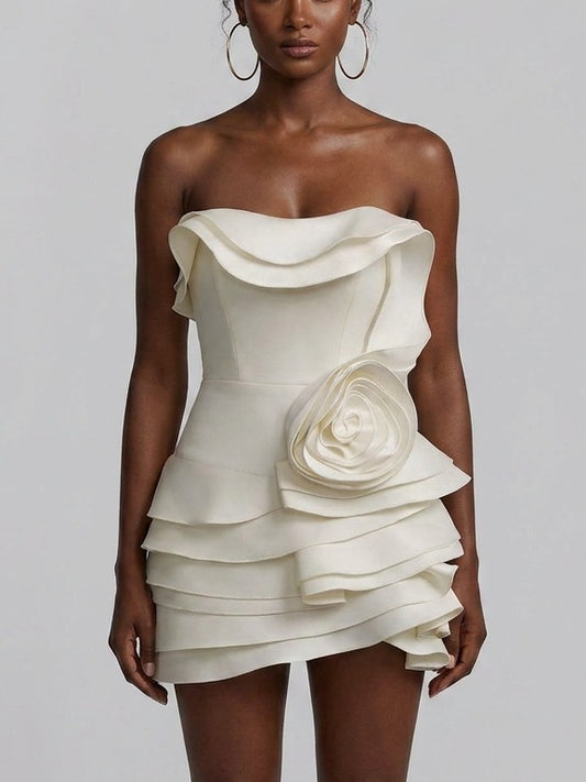 Strapless Ruffle Tiered Mini Dress with Rosette - S - Dresses