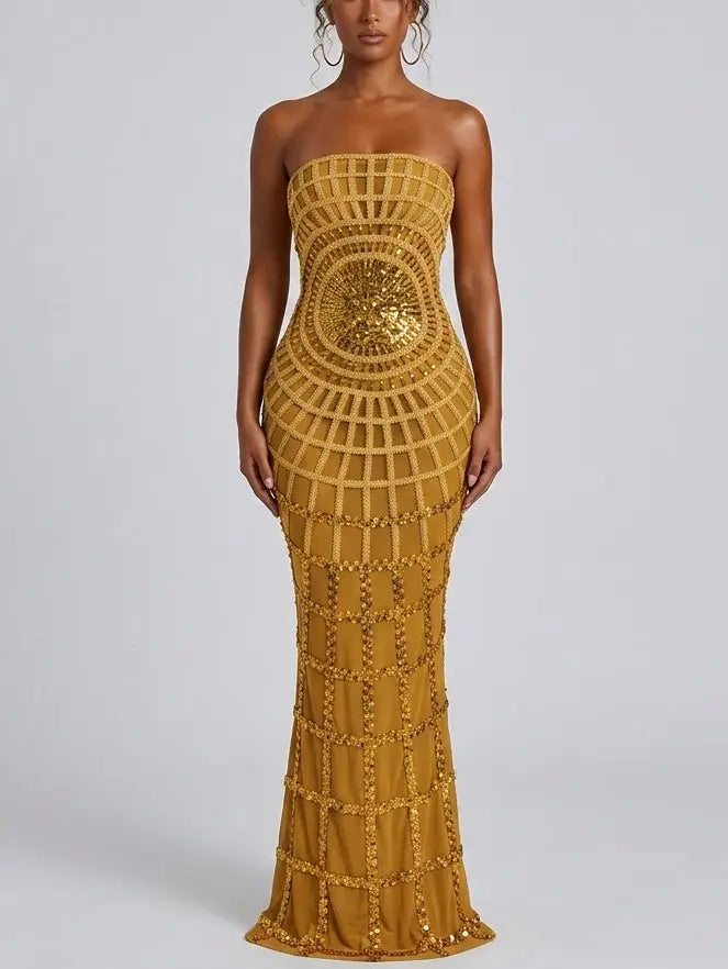 Strapless Sequin Mesh Gown with Structured Panels - S - Dresses