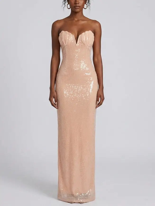 Strapless Shell Bustier Sequin Maxi Dress - XS - Dresses