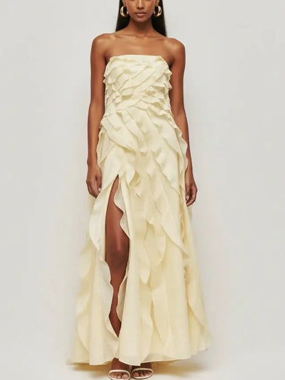 Strapless Tiered Frill Yellow Maxi Dress - S - Dresses