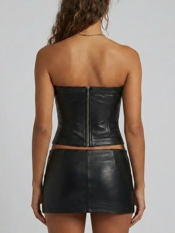 Strapless Black Leather Bustier Top with Buckle Details - Tops