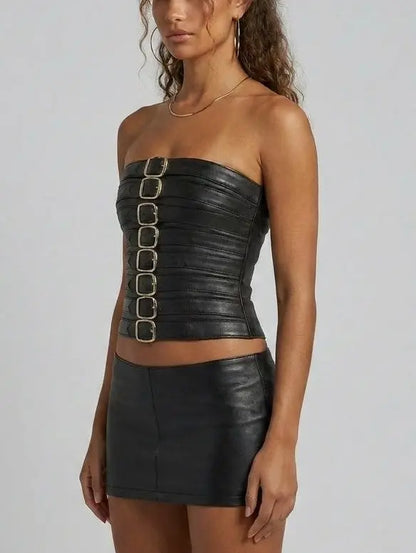 Strapless Black Leather Bustier Top with Buckle Details - Tops