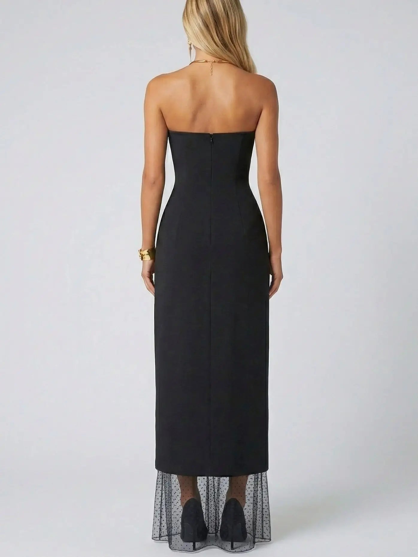 Strapless Black Midi Dress with Sheer Polka-Dot Hem - Dresses