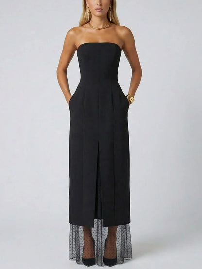 Strapless Black Midi Dress with Sheer Polka-Dot Hem - Dresses