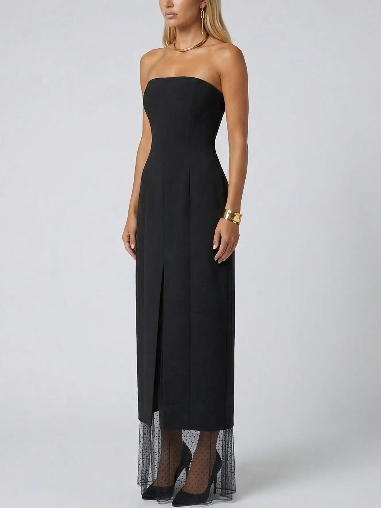 Strapless Black Midi Dress with Sheer Polka-Dot Hem - Dresses