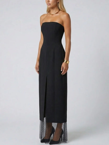 Strapless Black Midi Dress with Sheer Polka-Dot Hem - Dresses