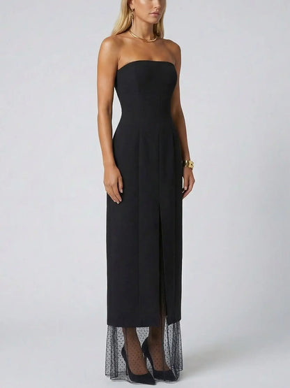 Strapless Black Midi Dress with Sheer Polka-Dot Hem - Dresses