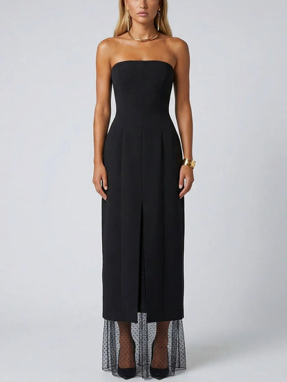 Strapless Black Midi Dress with Sheer Polka-Dot Hem - S - Dresses