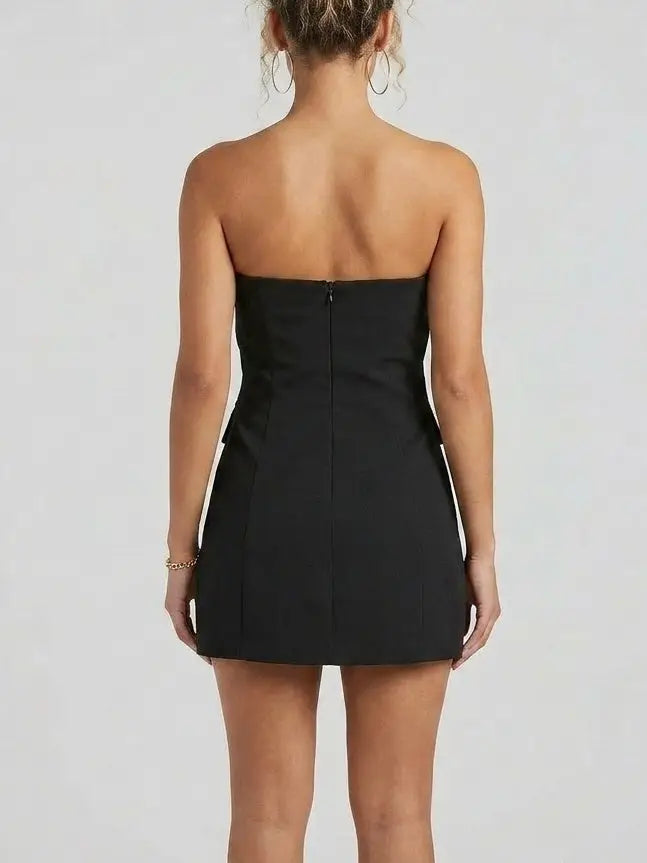 Strapless Black Mini Dress with Pearl Button Detail - Dresses