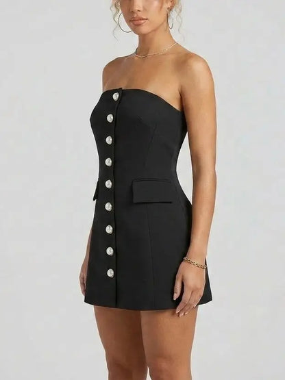 Strapless Black Mini Dress with Pearl Button Detail - Dresses