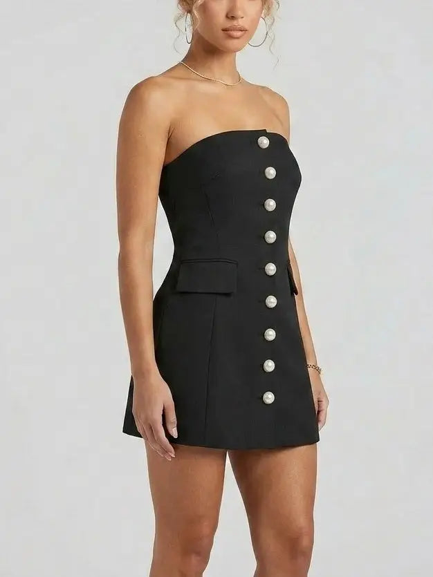 Strapless Black Mini Dress with Pearl Button Detail - Dresses