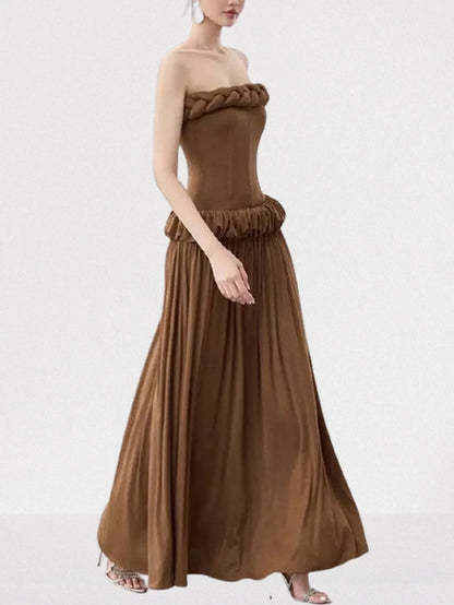 Strapless Braid Trim Corset Gown in Brown Dresses