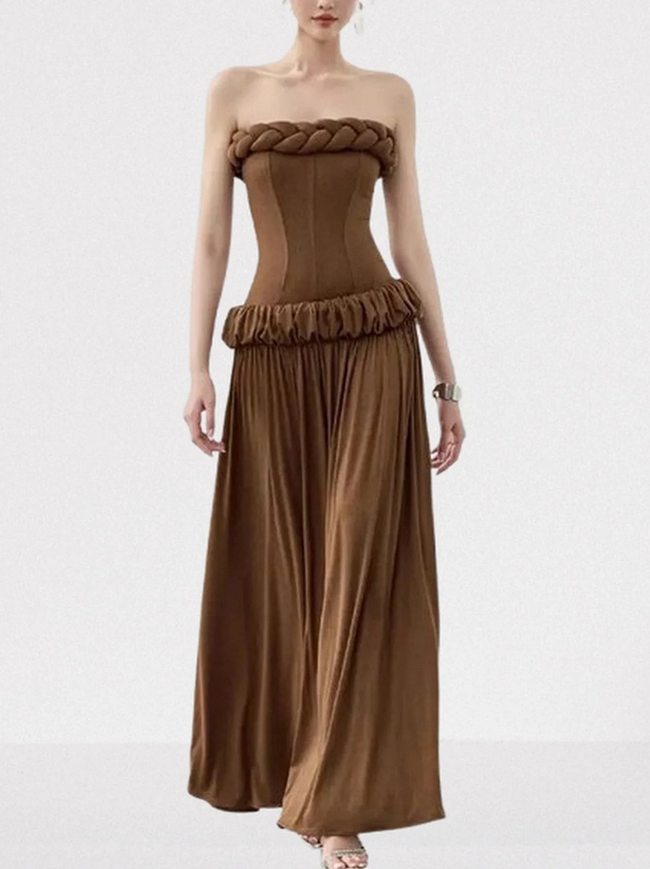 Strapless Braid Trim Corset Gown in Brown Dresses