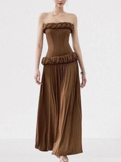 Strapless Braid Trim Corset Gown in Brown Dresses