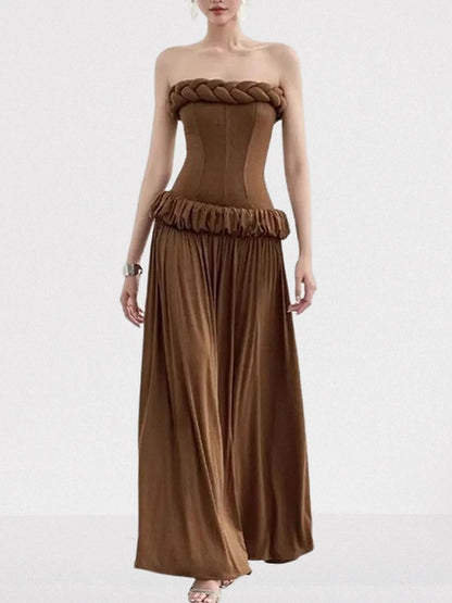 Strapless Braid Trim Corset Gown in Brown Dresses