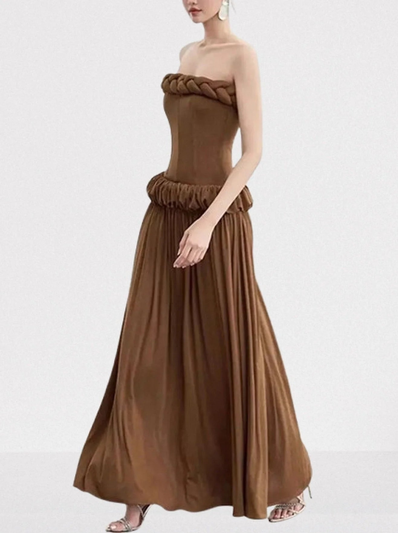 Strapless Braid Trim Corset Gown in Brown Dresses