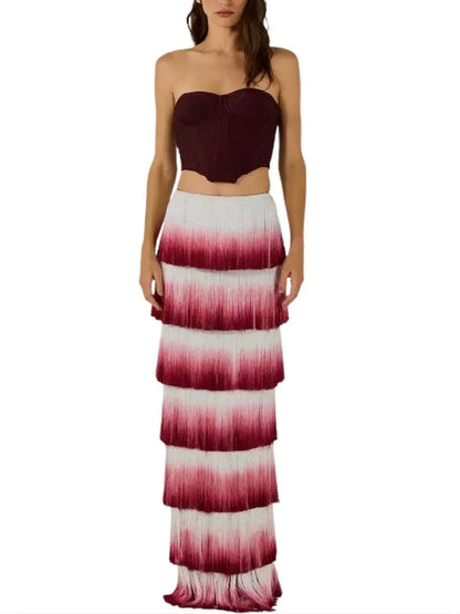 Strapless Corset Top and Fringed Tiered Skirt Set - Suits & Sets