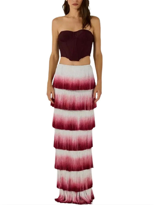 Strapless Corset Top and Fringed Tiered Skirt Set - Suits & Sets
