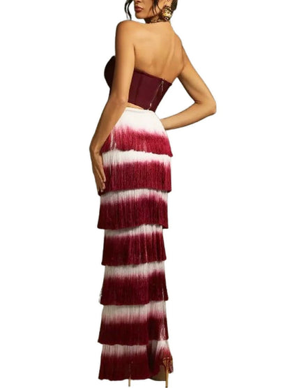Strapless Corset Top and Fringed Tiered Skirt Set - Suits & Sets