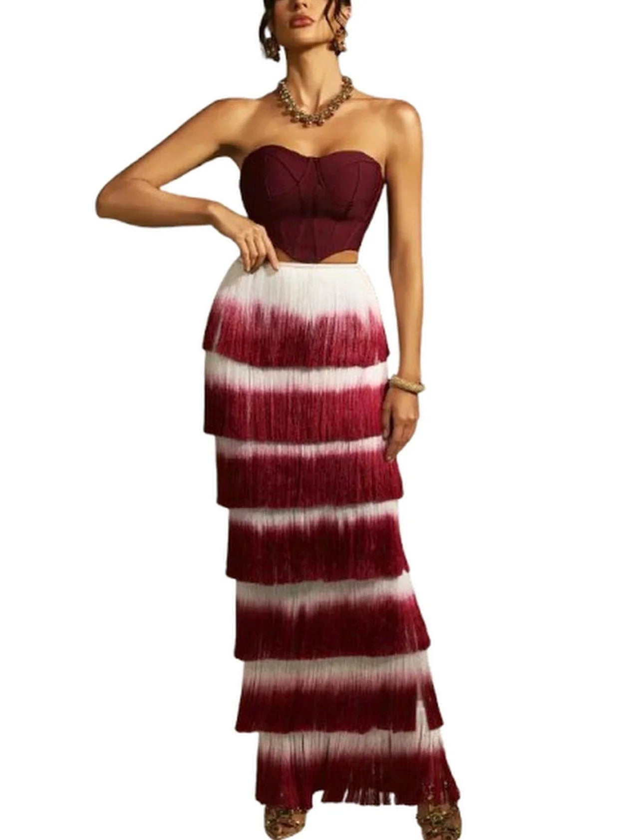 Strapless Corset Top and Fringed Tiered Skirt Set - Suits & Sets