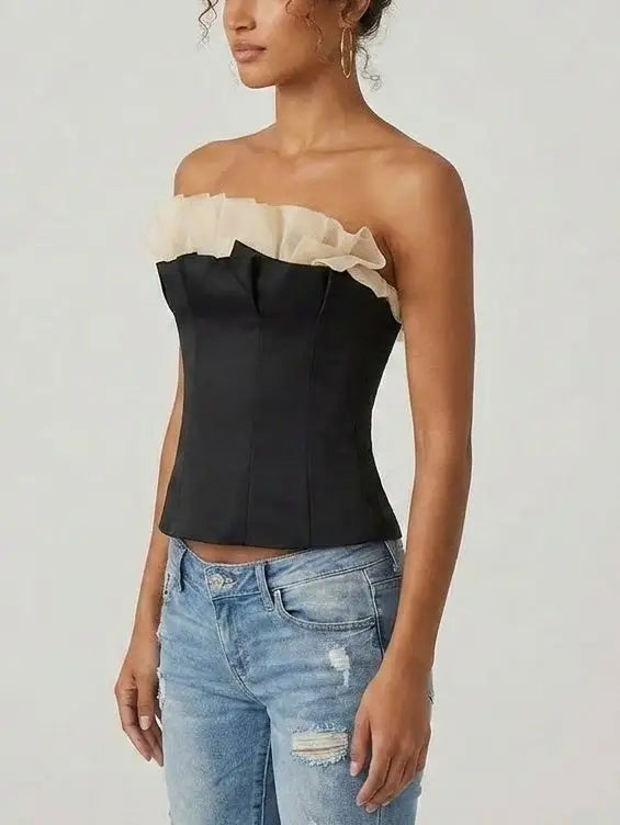 Strapless Corset Top with Tulle Ruffle Trim - Tops