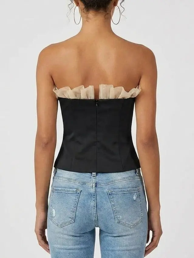 Strapless Corset Top with Tulle Ruffle Trim - Tops