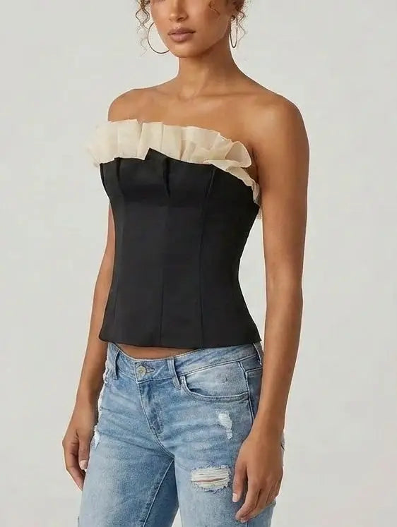 Strapless Corset Top with Tulle Ruffle Trim - Tops