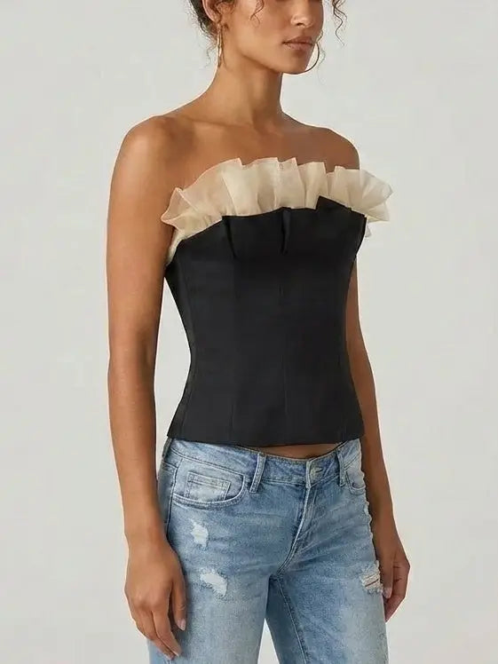 Strapless Corset Top with Tulle Ruffle Trim - Tops