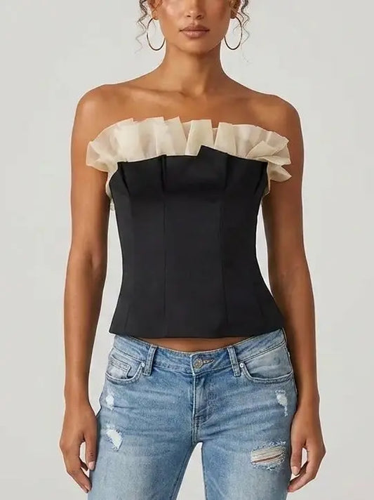 Strapless Corset Top with Tulle Ruffle Trim - Tops