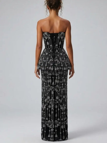 Strapless Crystal Beaded Peplum Top and Maxi Skirt Set - Suits & Sets
