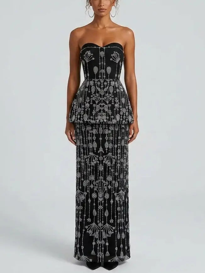 Strapless Crystal Beaded Peplum Top and Maxi Skirt Set - Suits & Sets