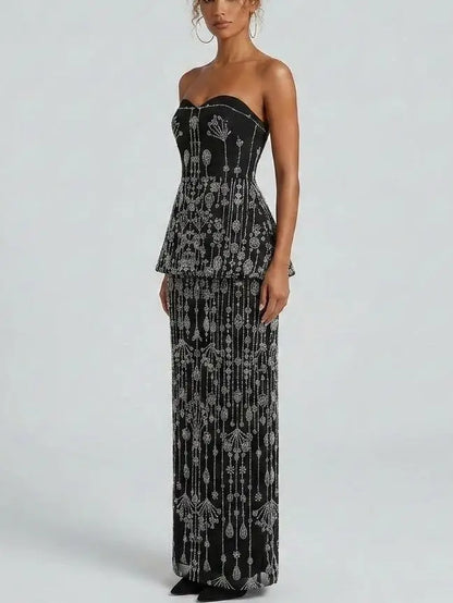 Strapless Crystal Beaded Peplum Top and Maxi Skirt Set - Suits & Sets