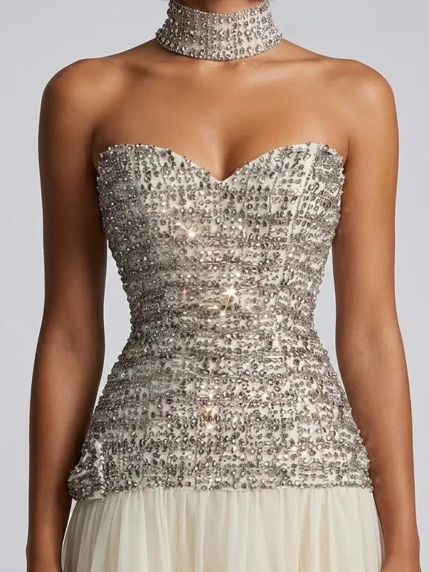 Strapless Crystal Corset Chiffon Evening Gown - Dresses