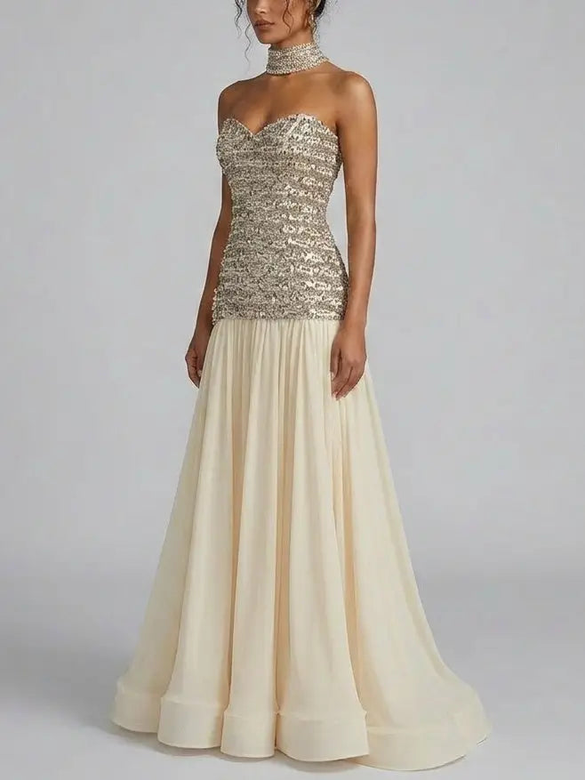 Strapless Crystal Corset Chiffon Evening Gown - Dresses