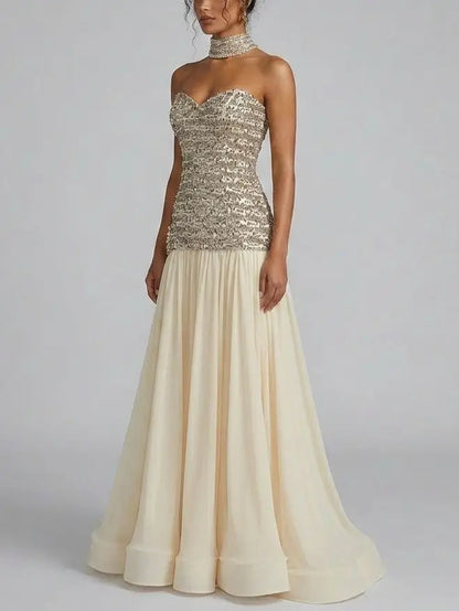 Strapless Crystal Corset Chiffon Evening Gown - Dresses
