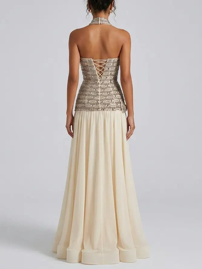 Strapless Crystal Corset Chiffon Evening Gown - Dresses