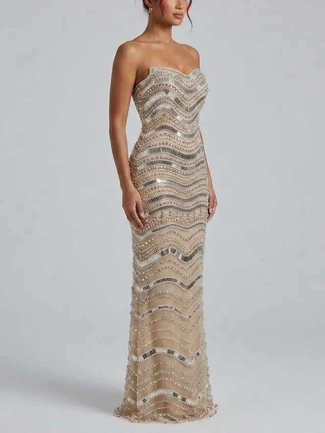 Strapless Embellished Tulle Evening Gown - Dresses