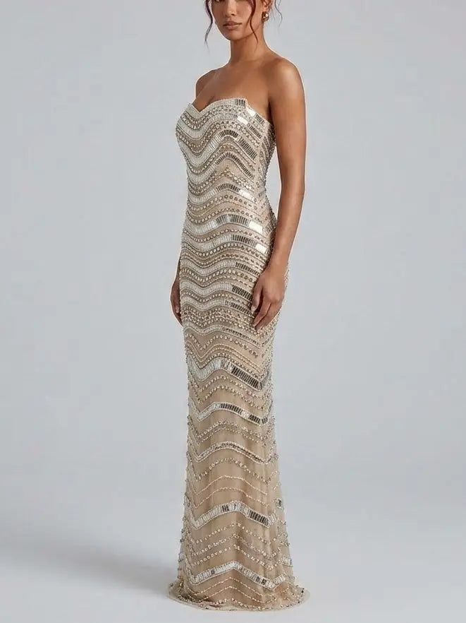 Strapless Embellished Tulle Evening Gown - Dresses