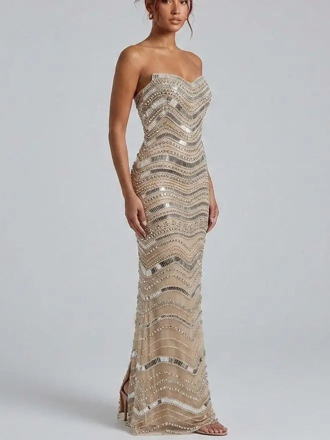 Strapless Embellished Tulle Evening Gown - Dresses