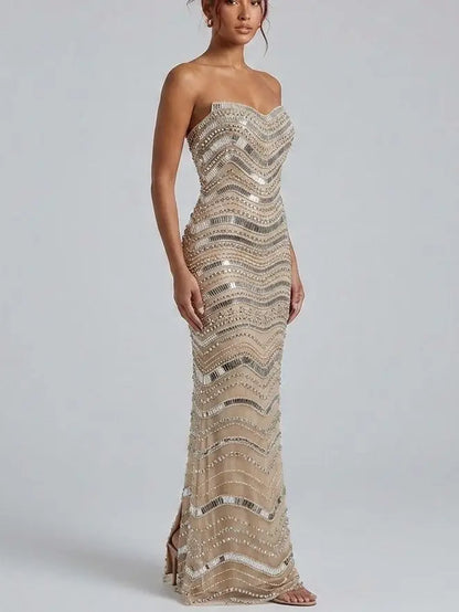 Strapless Embellished Tulle Evening Gown - Dresses
