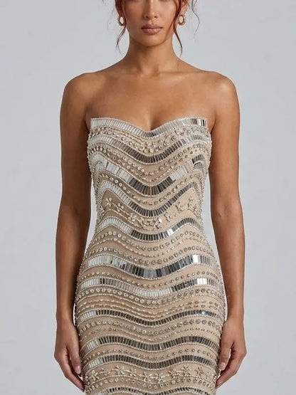 Strapless Embellished Tulle Evening Gown - Dresses