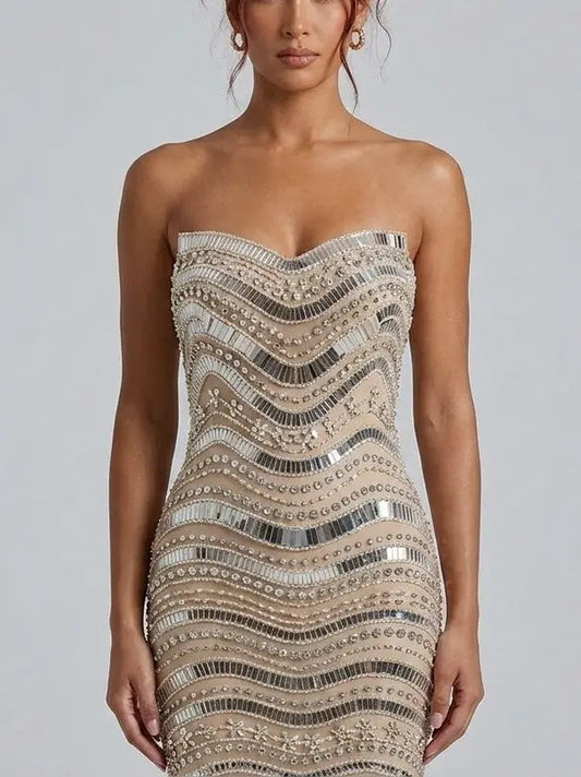 Strapless Embellished Tulle Evening Gown - Dresses