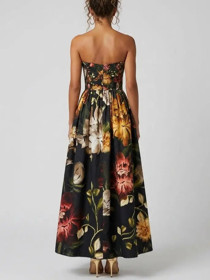 Strapless Fit and Flare Floral Maxi Dress with Lace Hem - Dresses