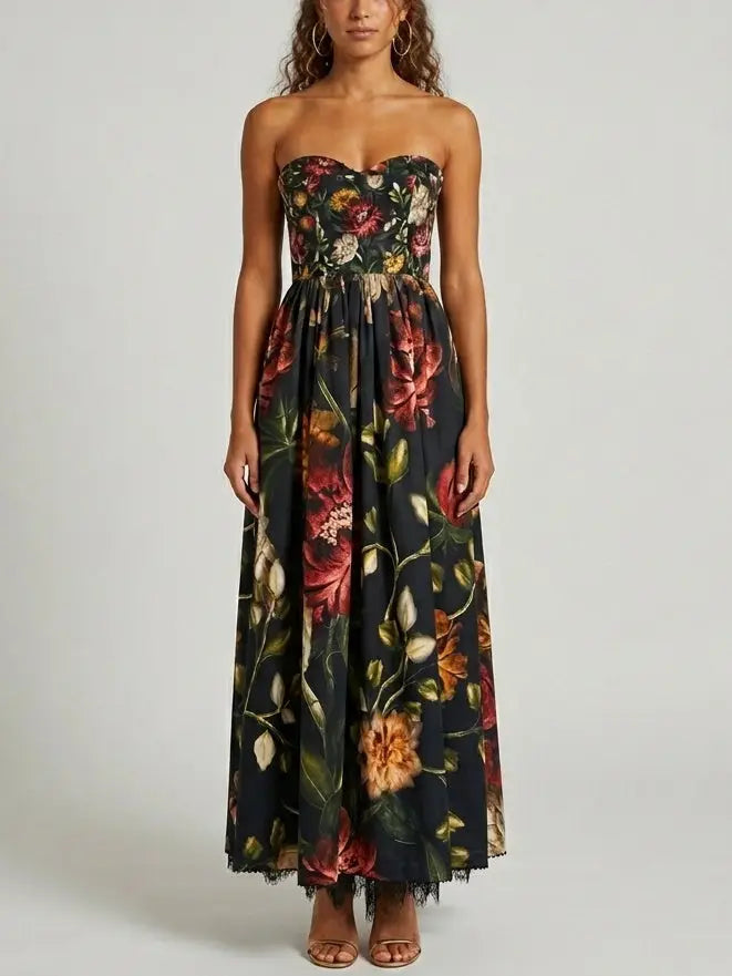 Strapless Fit and Flare Floral Maxi Dress with Lace Hem - Dresses